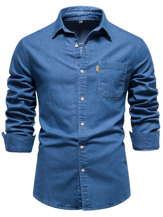 Men's Button-Down Denim Shirt with Chest Pocket - Tigbul's Variety Fashion Shop