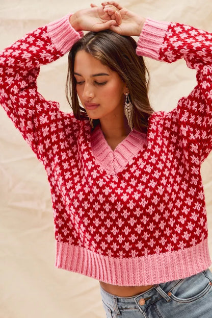 SO ME Color Block Textured Christmas Sweater V Neck Top - Tigbul's Variety Fashion Shop