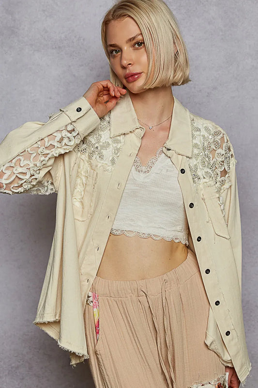 POL Button Down Raw Edg Shirt with Pearl Lace Patch - Tigbul's Variety Fashion Shop