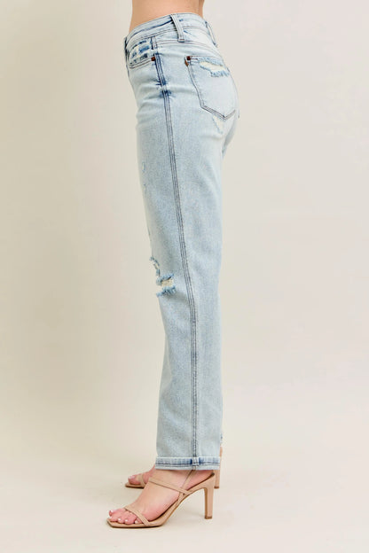 Judy Blue Full Size Mr Repair Stitch Detail Destroy Single Cuff Bf Jeans Plus Size - Tigbul's Variety Fashion Shop