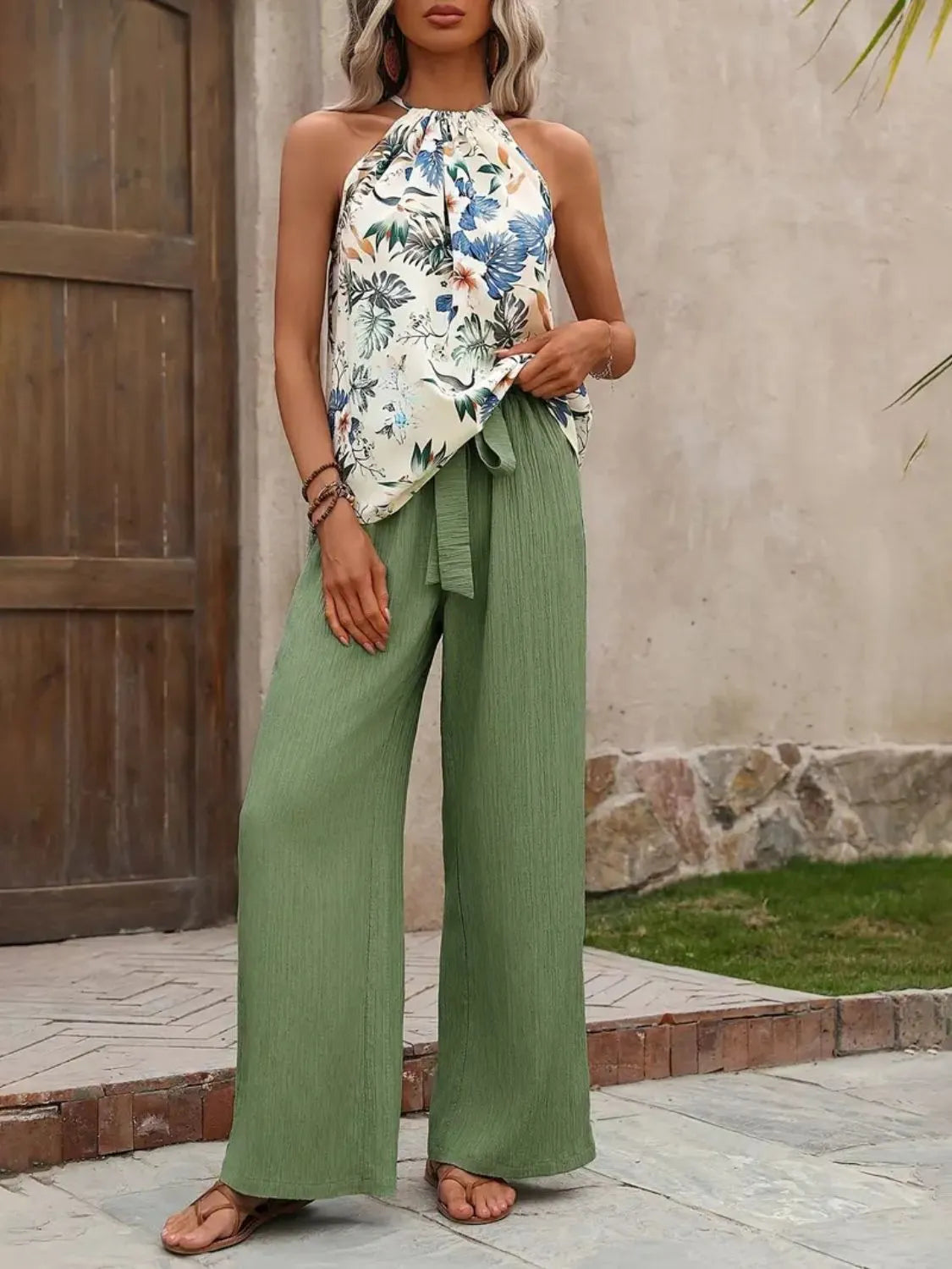 Printed Tank Top and Wide Leg Pants Set - Tigbul's Variety Fashion Shop