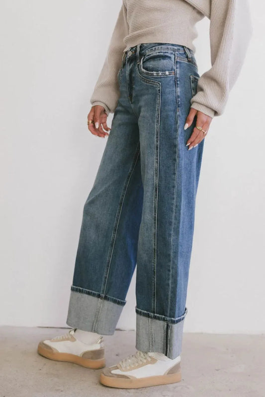 Wide Leg Cuff Jeans - Tigbul's Variety Fashion Shop