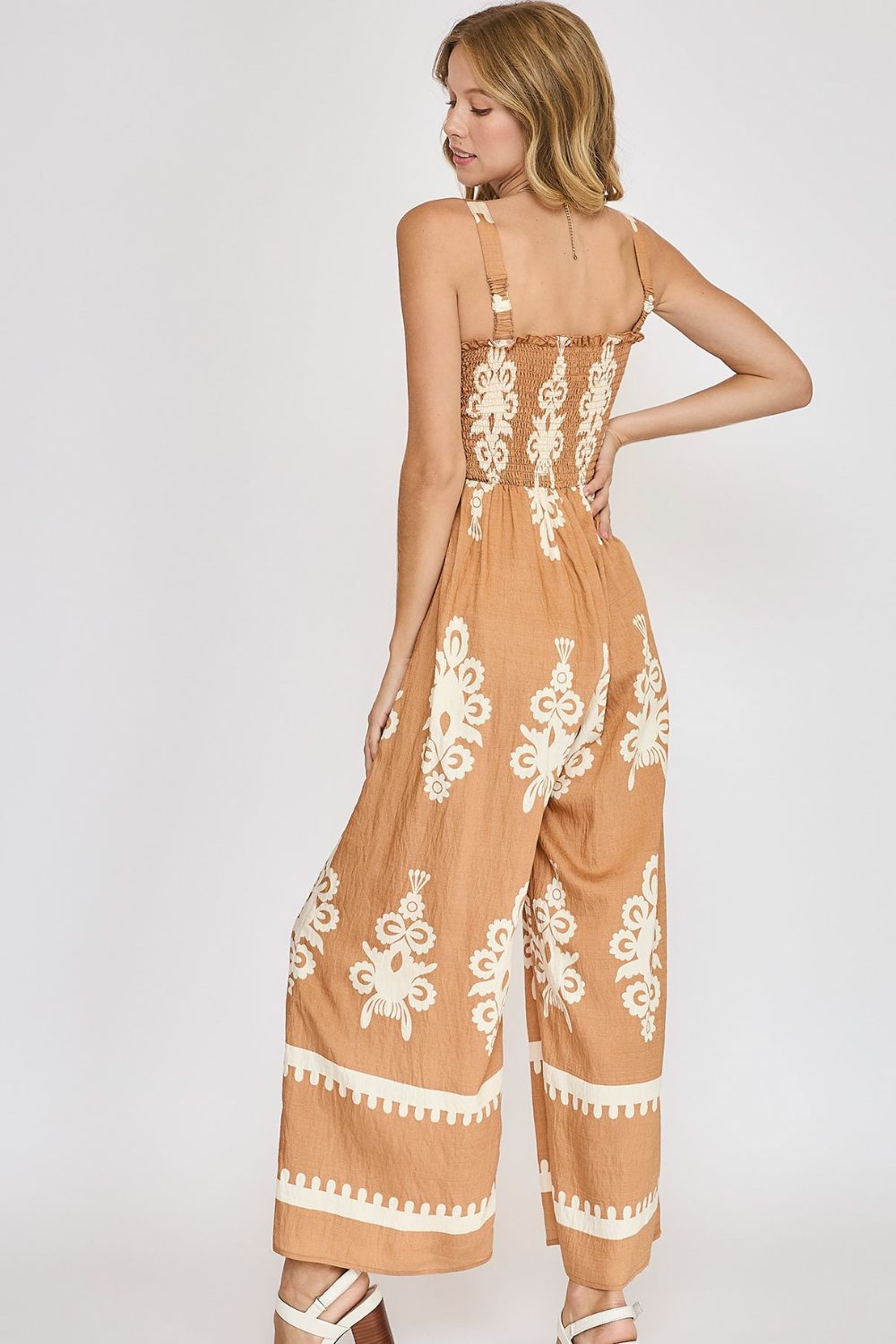 Brown Smocked Printed Wide Leg Jumpsuit Size Small - 2XL - Tigbul's Variety Fashion Shop