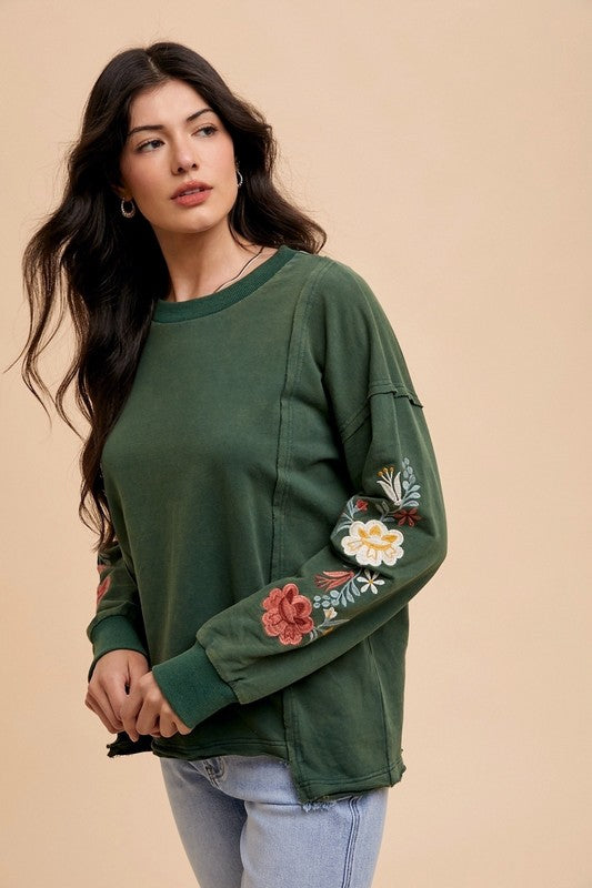 Annie Wear Embroidered Long Sleeve French Terry Top - Tigbul's Variety Fashion Shop