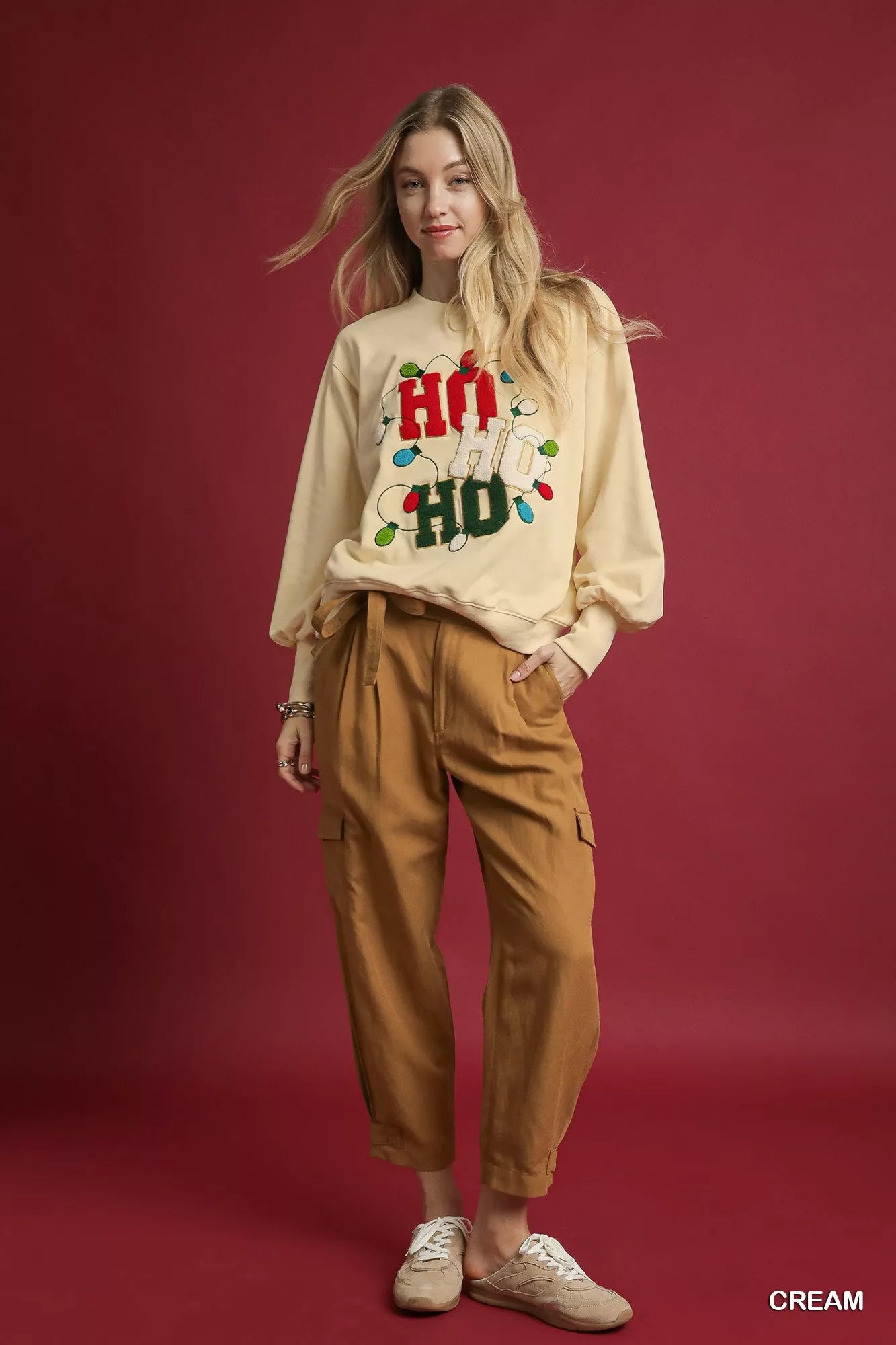 Umgee HO Applique French Terry Sweatshirt - Tigbul's Variety Fashion Shop