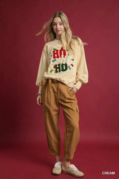 Umgee HO Applique French Terry Sweatshirt - Tigbul's Variety Fashion Shop