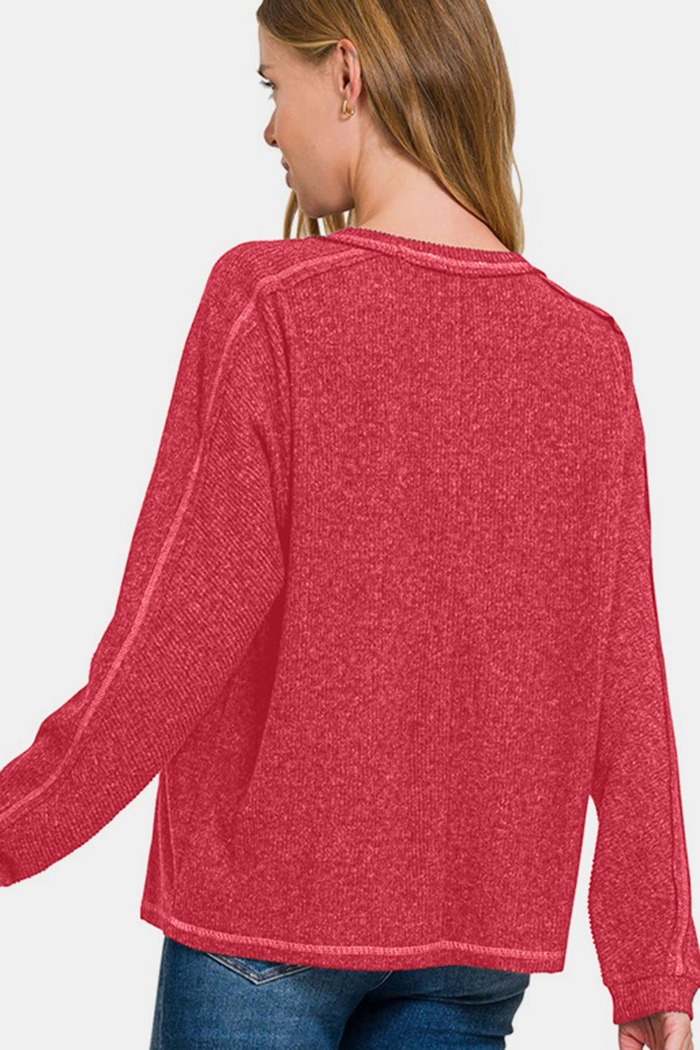 Red Full Size Contrast Stitching Brushed Ribbed Hacci Knit Top - Tigbul's Variety Fashion Shop