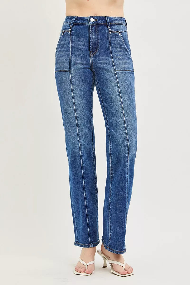 Dark wash straight-leg jeans with high-rise waistband and front creases