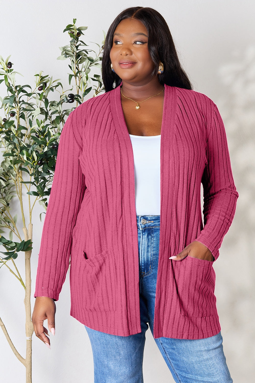 Ribbed Open Front Cardigan with Pockets - Tigbuls Variety Fashion