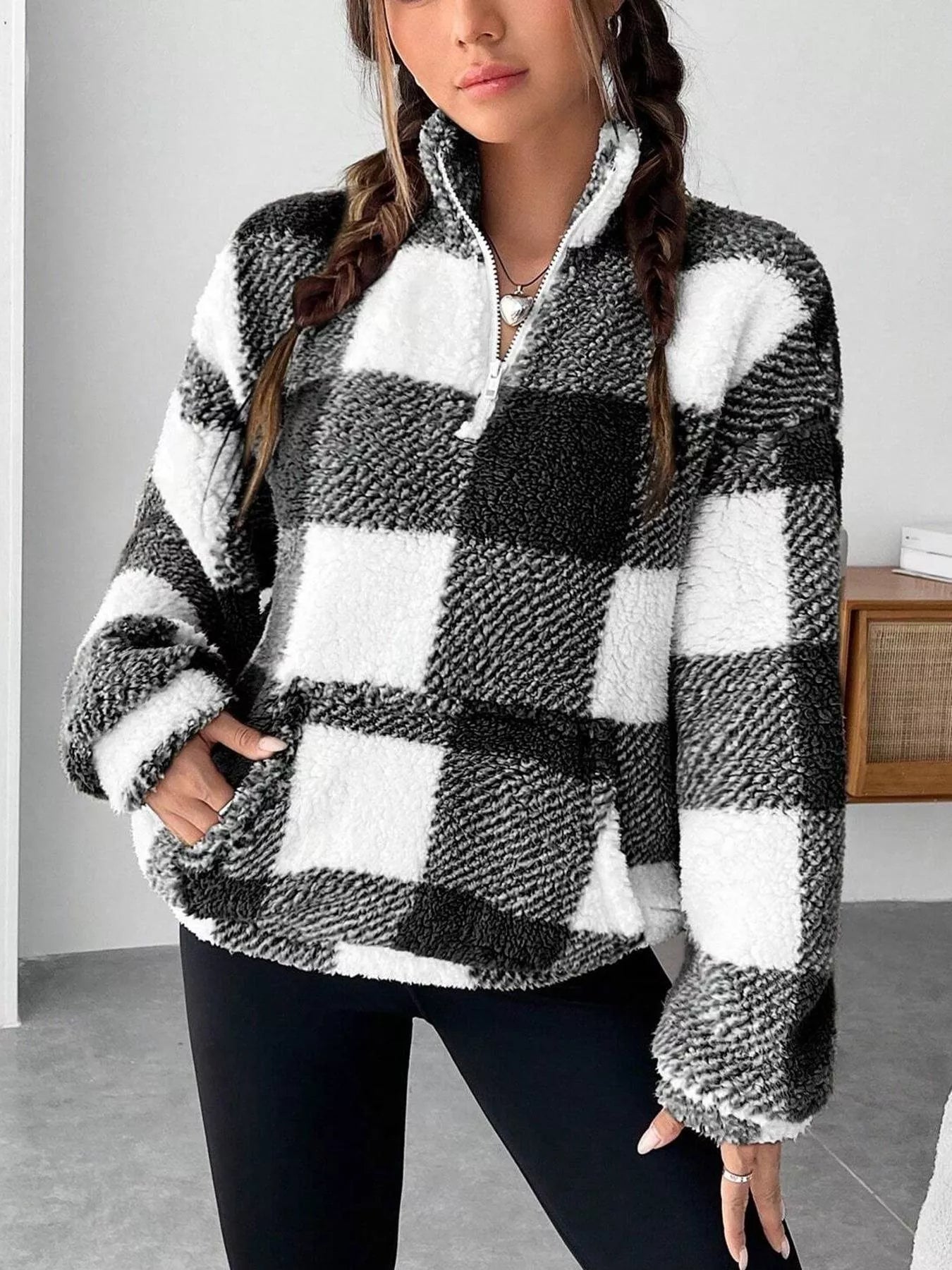 Full Size Plaid Sherpa Long Sleeve Sweatshirt Plus Size - Tigbul's Variety Fashion Shop