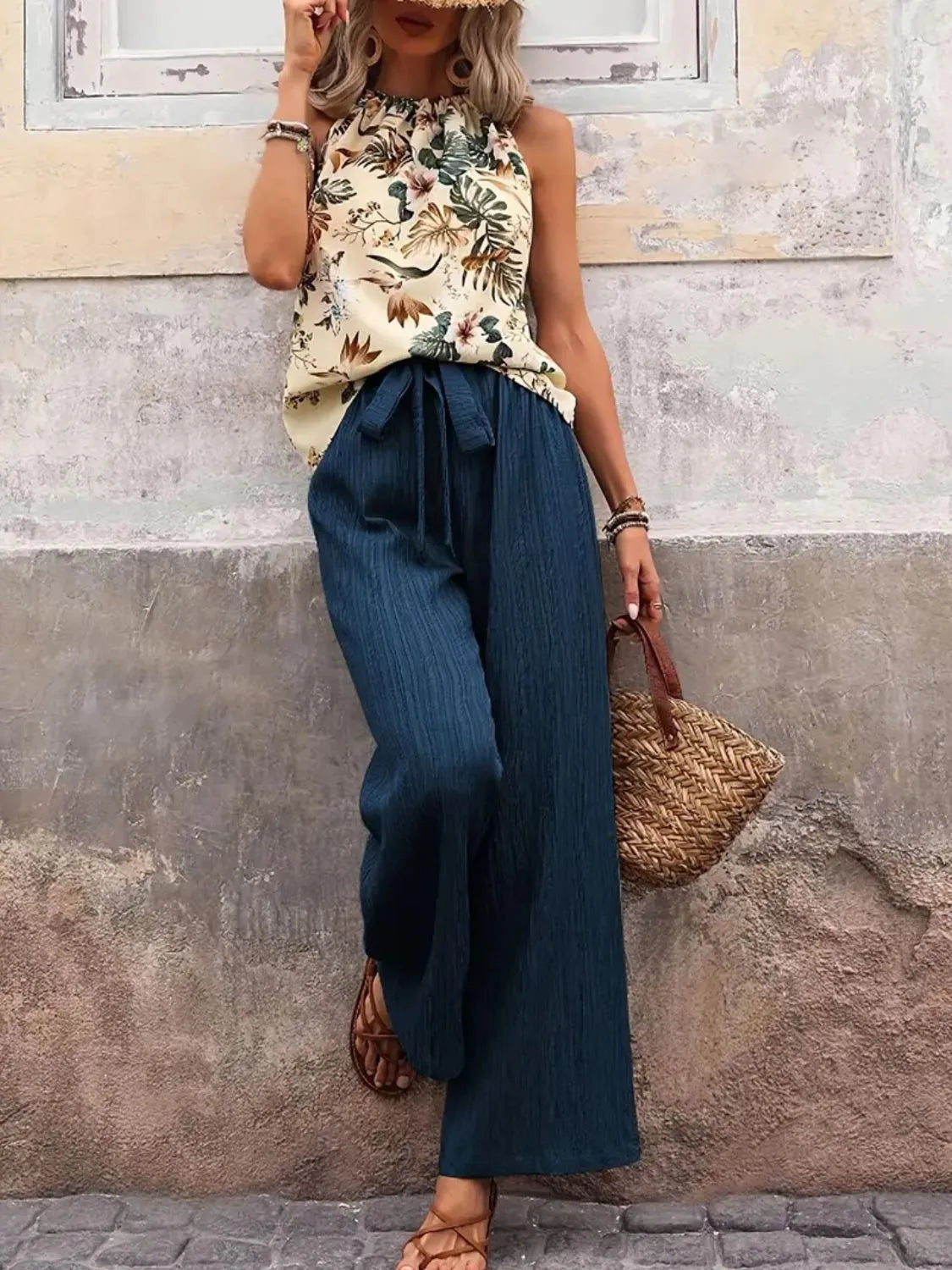 Printed Tank Top and Wide Leg Pants Set - Tigbul's Variety Fashion Shop