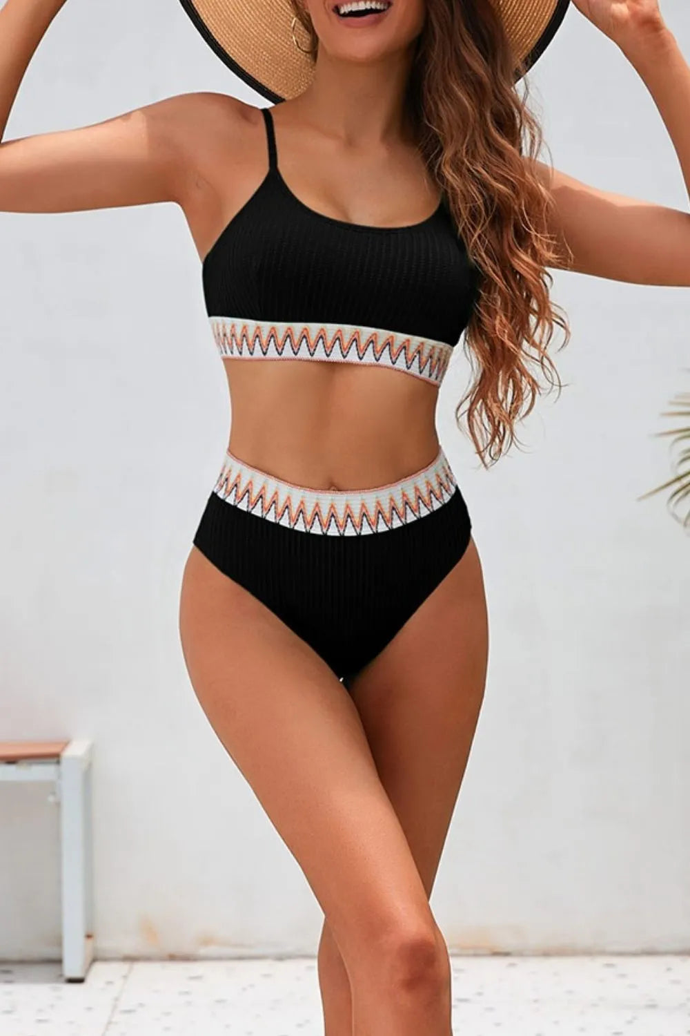 Textured Contrast Banding Bikini High Waist 2pcs Swimsuit - Tigbul's Variety Fashion Shop