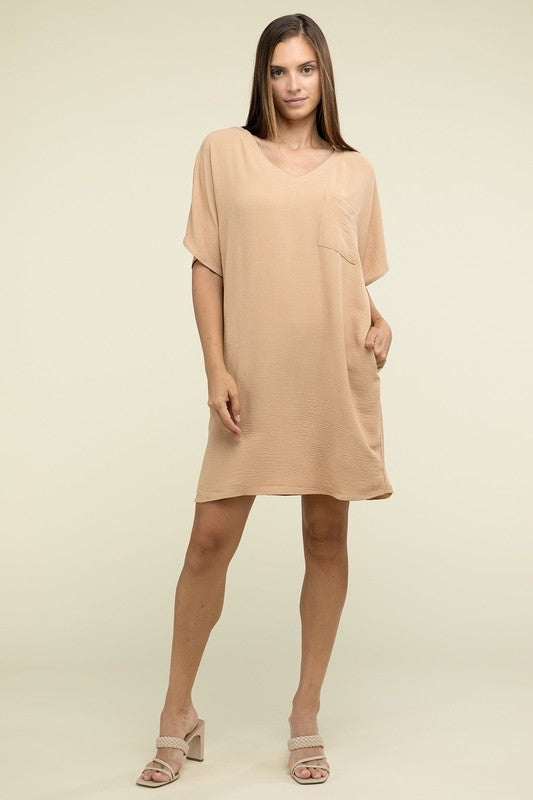 Woven Airflow V Neck T-Shirt Dress with Pockets - Tigbul's Variety Fashion Shop