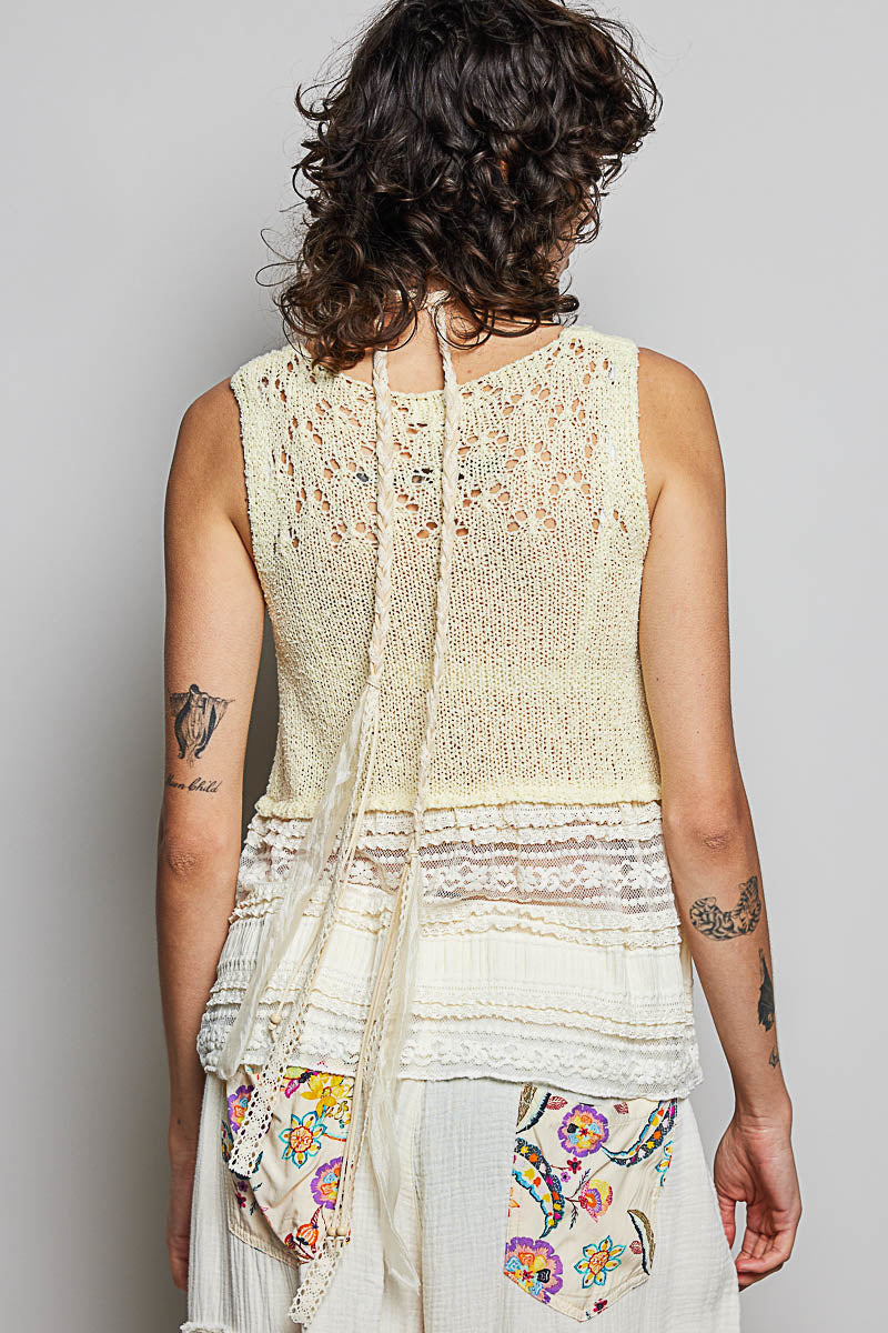 Back view: lemon crochet sweater vest with V-neck and scalloped lace trim