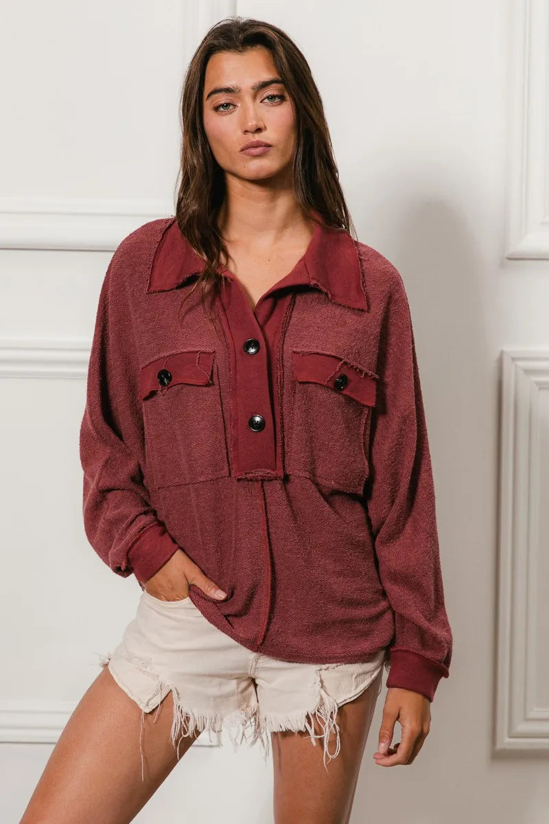 BiBi Cp French Terry Cut Edge Detail Collared Top - Tigbul's Variety Fashion Shop
