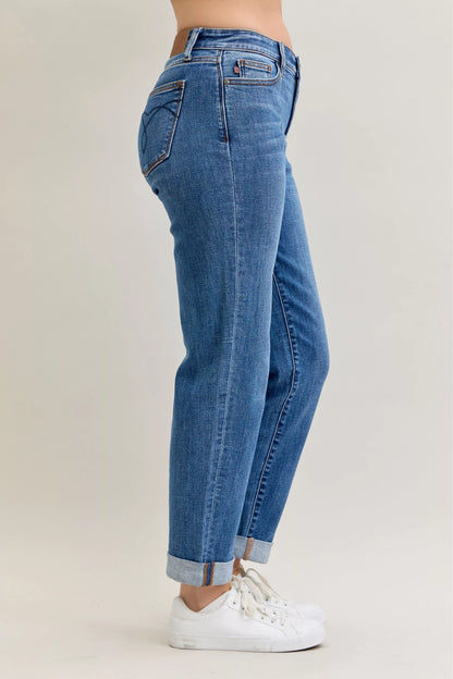 Judy Blue Full Size Mid Rise BF Classic Cuffed Jeans Plus Size - Tigbul's Variety Fashion Shop