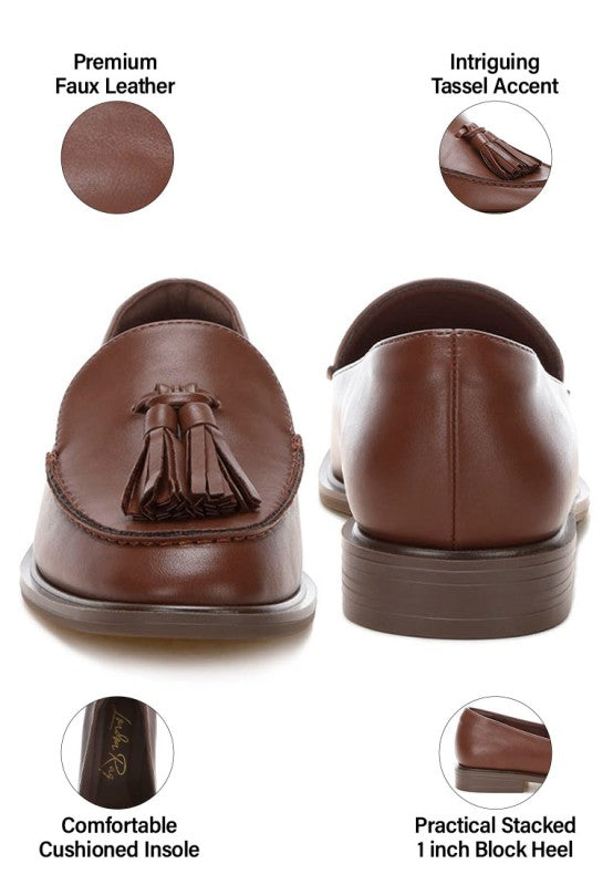 Atilia tassel-detail loafers, braune Rückansicht mit Quastenbesatz und gestapeltem 1-Zoll-Absatz