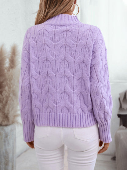 Cable Knit Mock Neck Long Sleeve Sweater - Tigbul's Variety Fashion Shop