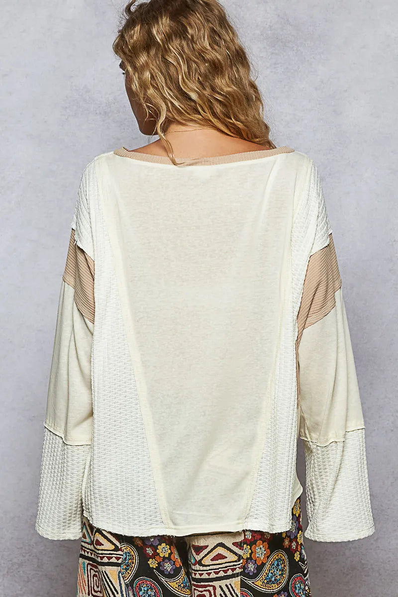 POL Contrast Round Neck Long Sleeve T-Shirt - Tigbul's Variety Fashion Shop
