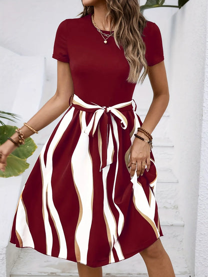 Striped Short Sleeve Tie Waist Dress - Tigbul's Variety Fashion Shop
