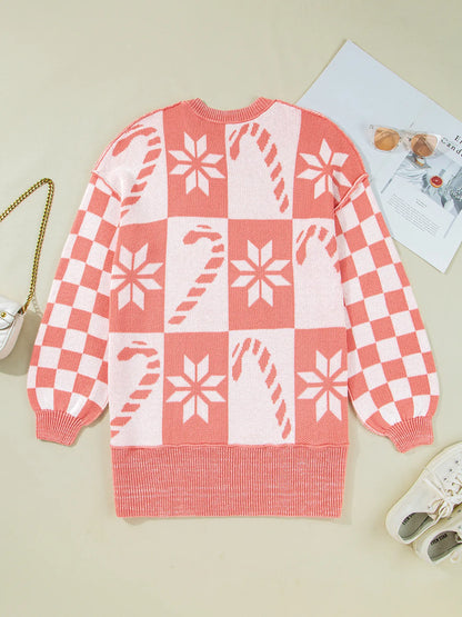 andycane Snowflake Checker Drop Shoulder Sweater - Tigbul's Variety Fashion Shop