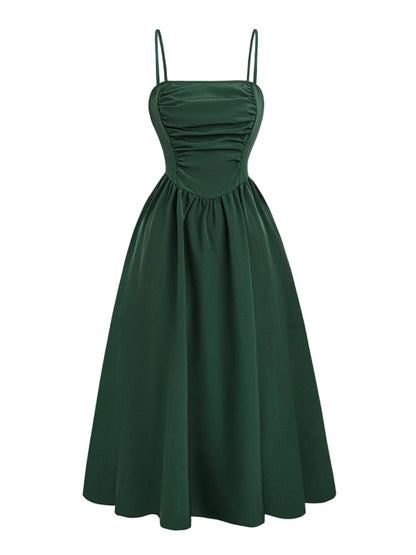 Dark Green Smocked Square Neck Cami Dress - Tigbul's Variety Fashion Shop