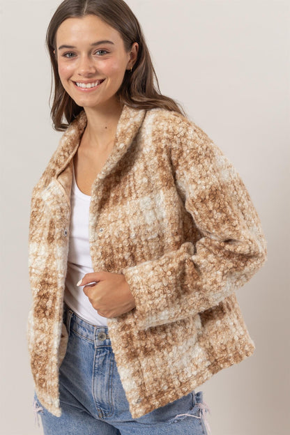 Taupe Plaid Collared Neck Boucle Jacket with Pockets - Tigbul's Variety Fashion Shop