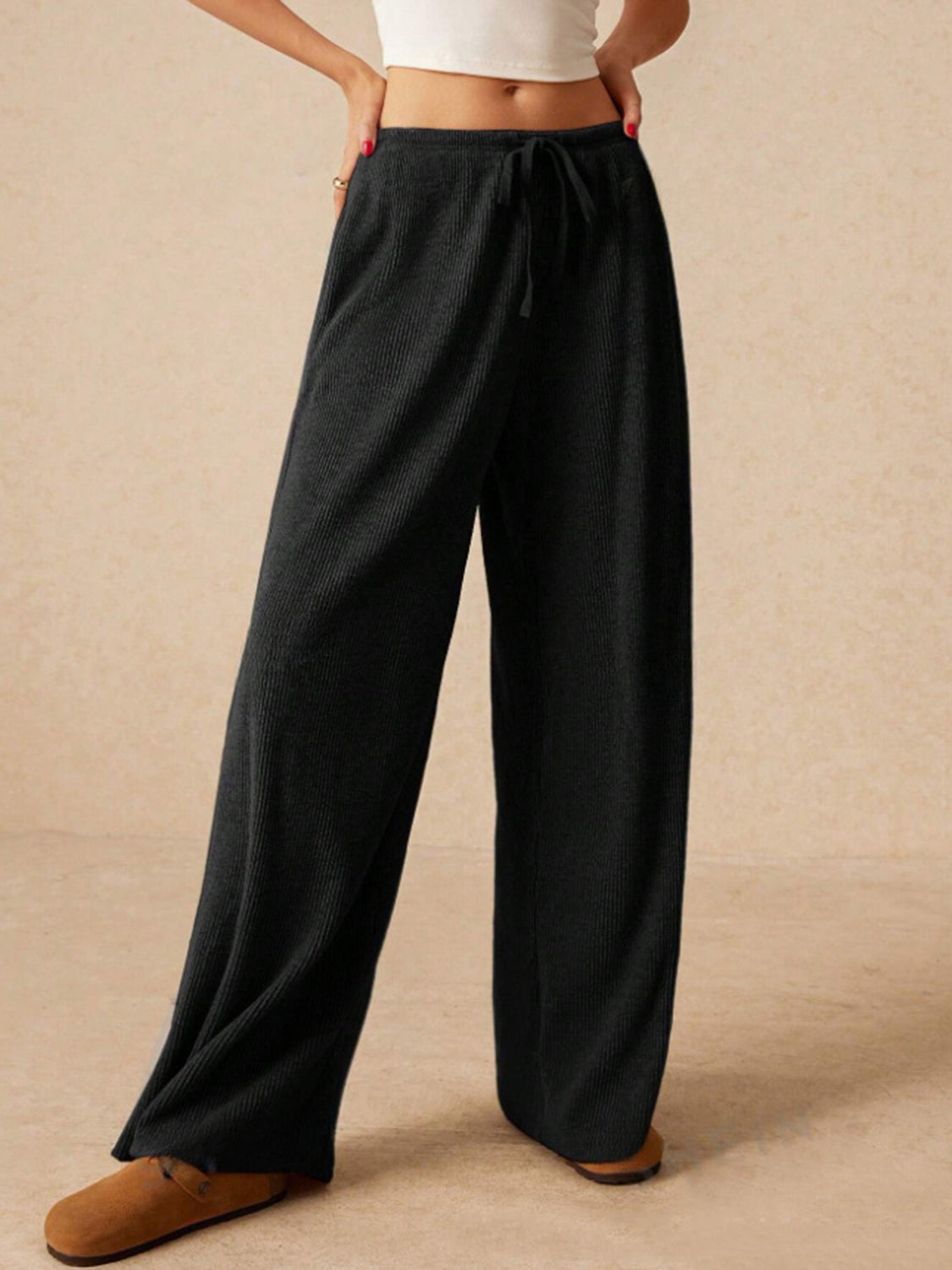 Ribbed Drawstring Wide Leg Pants - Tigbul's Variety Fashion Shop