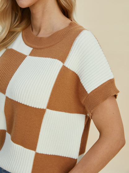Double Take Full Size Checkered Round Neck Short Sleeve Sweater - Tigbul's Variety Fashion Shop