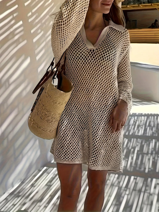 Collared Neck Long Sleeve Knit Cover Up Dress - Tigbul's Variety Fashion Shop