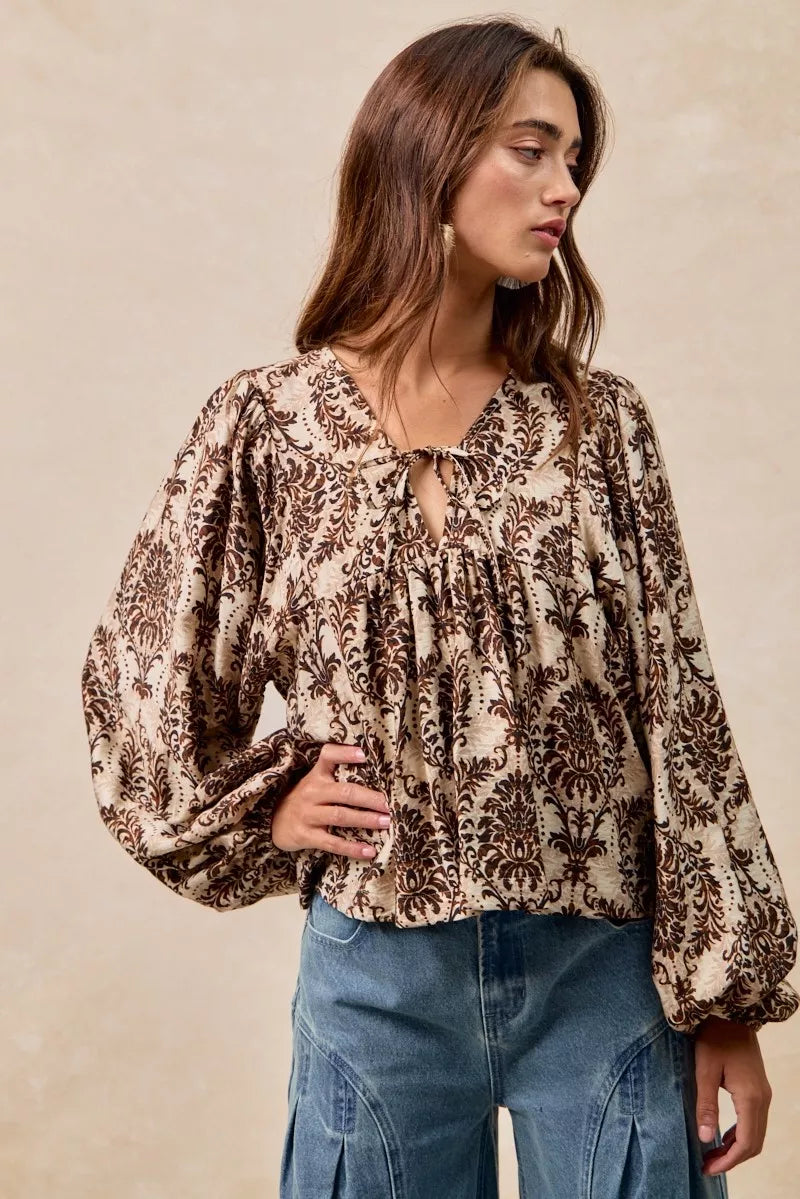 BiBi Printed Woven Front Tied Blouse with Baloon Sleeve - Tigbul's Variety Fashion Shop