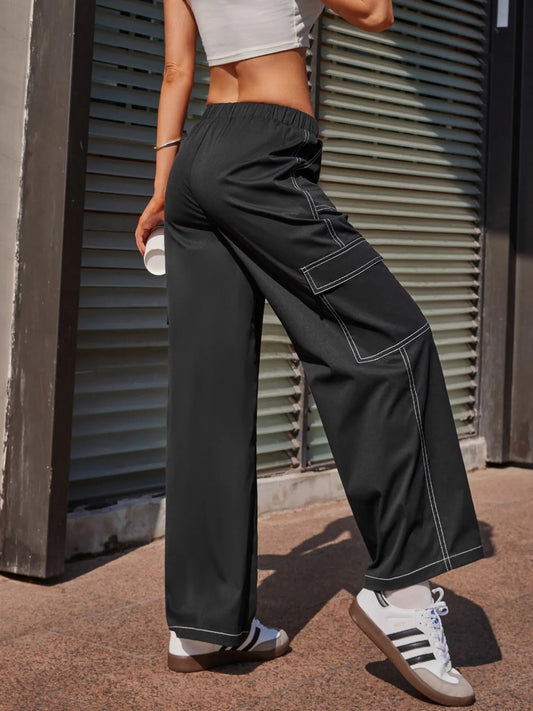 Wide Leg Pants with Contrast Stitching - Tigbul's Variety Fashion Shop