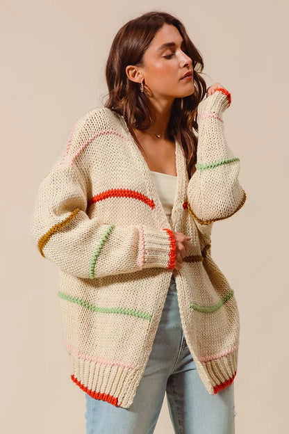 SO ME Loose Fit Multi Stripe Open Front Cardigan - Tigbul's Variety Fashion Shop