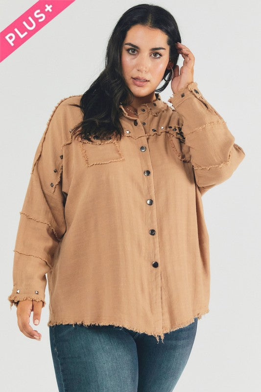 Plus Distressed hem button down oversize shirt - Tigbul's Variety Fashion Shop