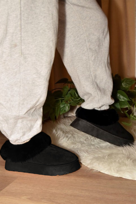 Black Faux-Fur Platform Slip On Booties - Tigbul's Variety Fashion Shop