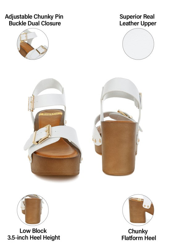 White leather clog sandals collage: dual buckle closure and chunky low block heel