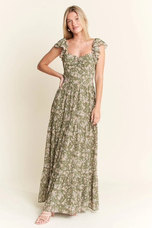 Sage Green Ruffle Sleeve Tiered Maxi Dress - Tigbul's Variety Fashion Shop