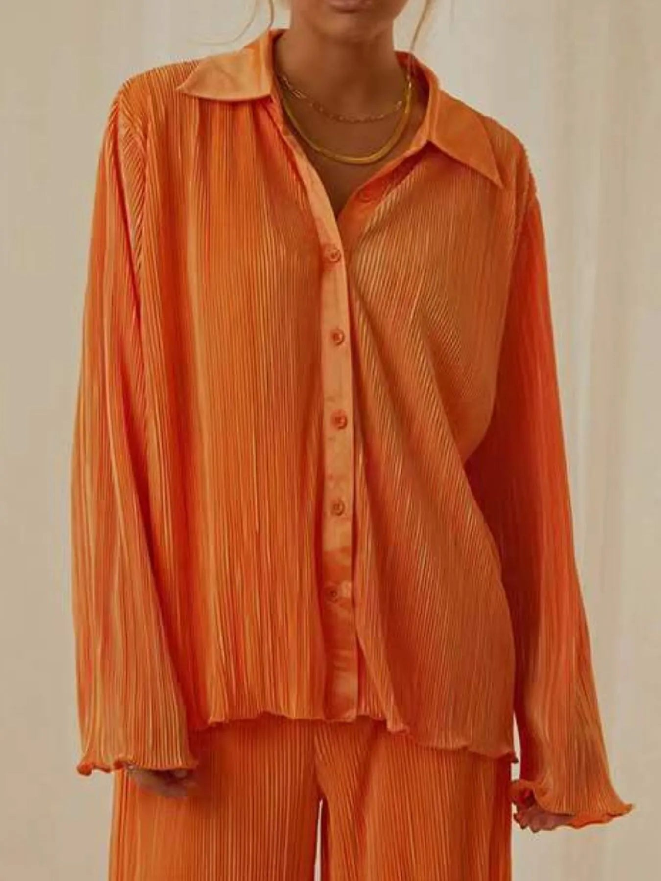 Button Up Long Sleeve Top and Pants Set - Tigbul's Variety Fashion Shop