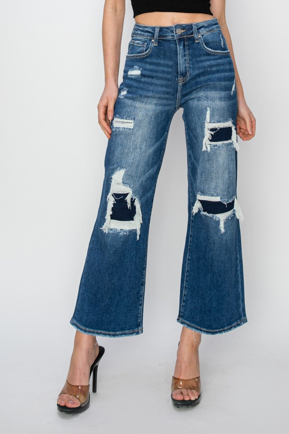 Risen Full Size High Rise Patch Detailed Wide Leg Crop Jeans - Tigbul's Variety Fashion Shop