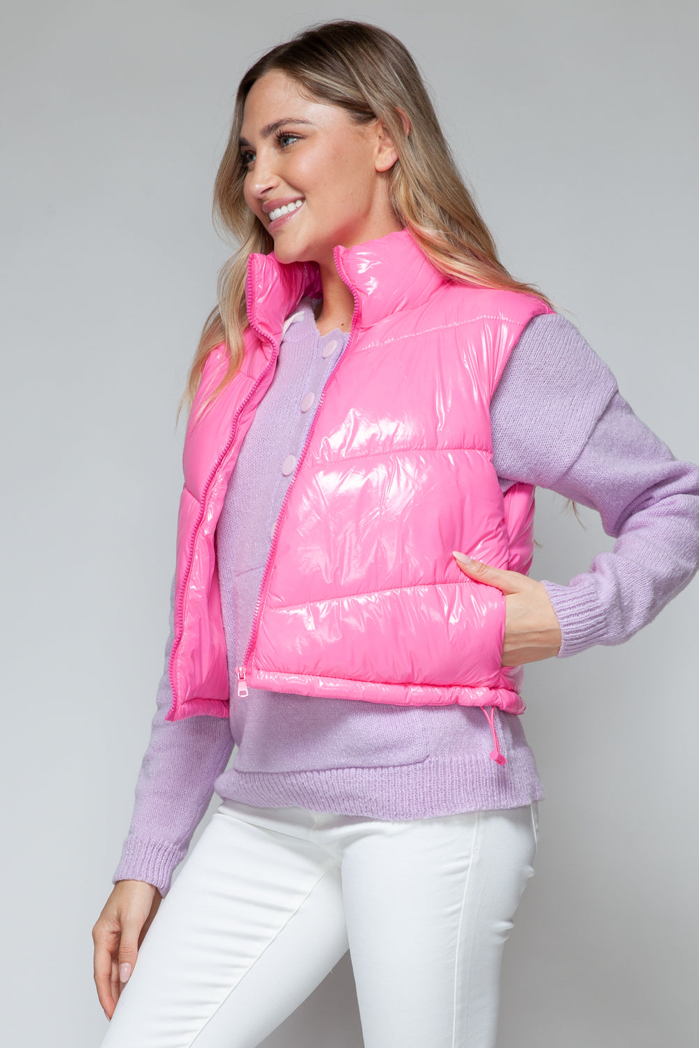 Hot Pink Zip Up Turtleneck Shiny Quilted Vest - Tigbul's Variety Fashion Shop