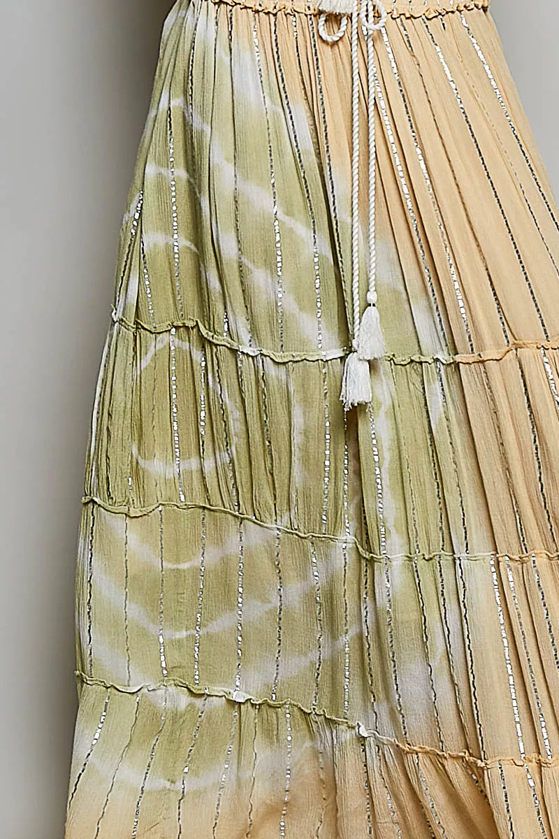 POL Shimmer Tiered Reverse Ruffle Smocked Waist Maxi Skirt | Tigbuls
