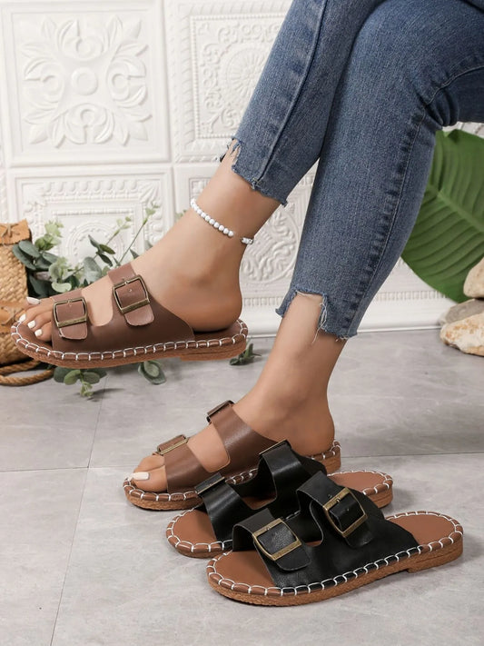 Double Buckle Strap Flat Sandals - Tigbul's Variety Fashion Shop