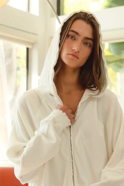 Waffle Thermal And Terry Mix Washed Zip Up Hoodie - Tigbul's Variety Fashion Shop