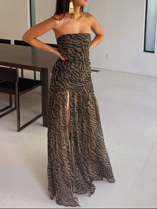 Zebra Print Maxi Dress with Side Slit - Tigbul's Variety Fashion Shop