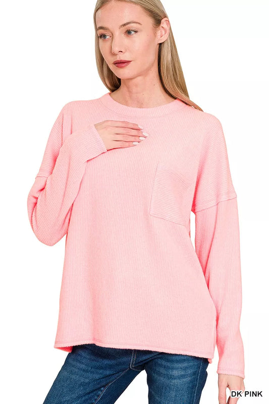 Zenana Ribbed Brushed Melange Hacci Sweater with Chest Pocket - Tigbul's Variety Fashion Shop