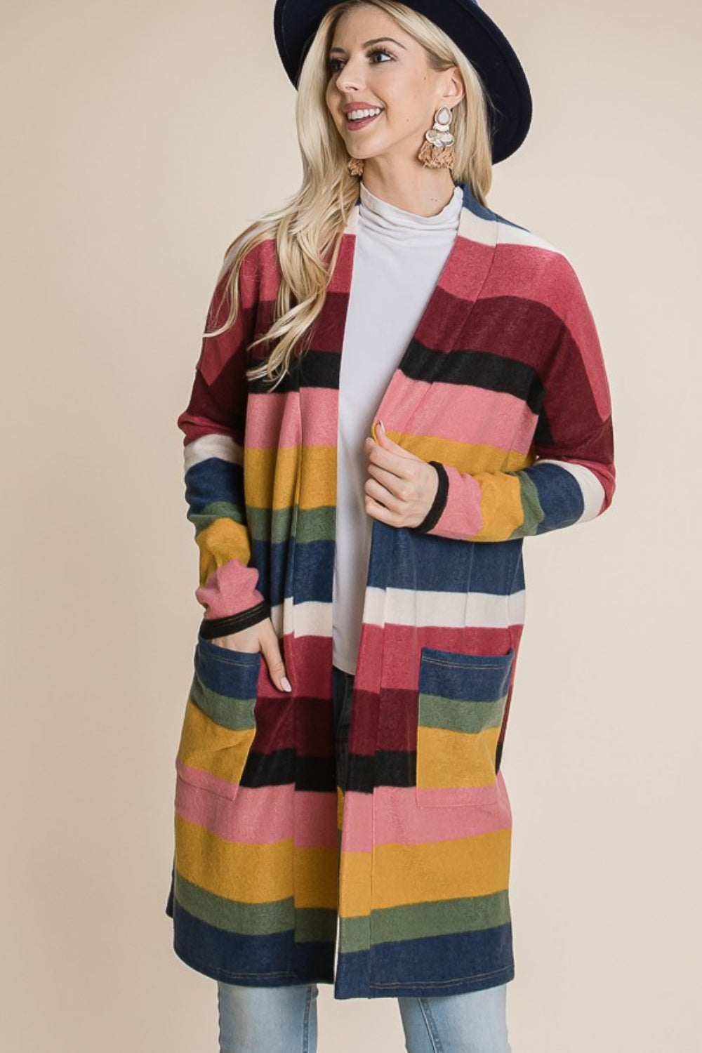 BOMBOM Color Block Striped Open Front Cardigan - Tigbul's Variety Fashion Shop