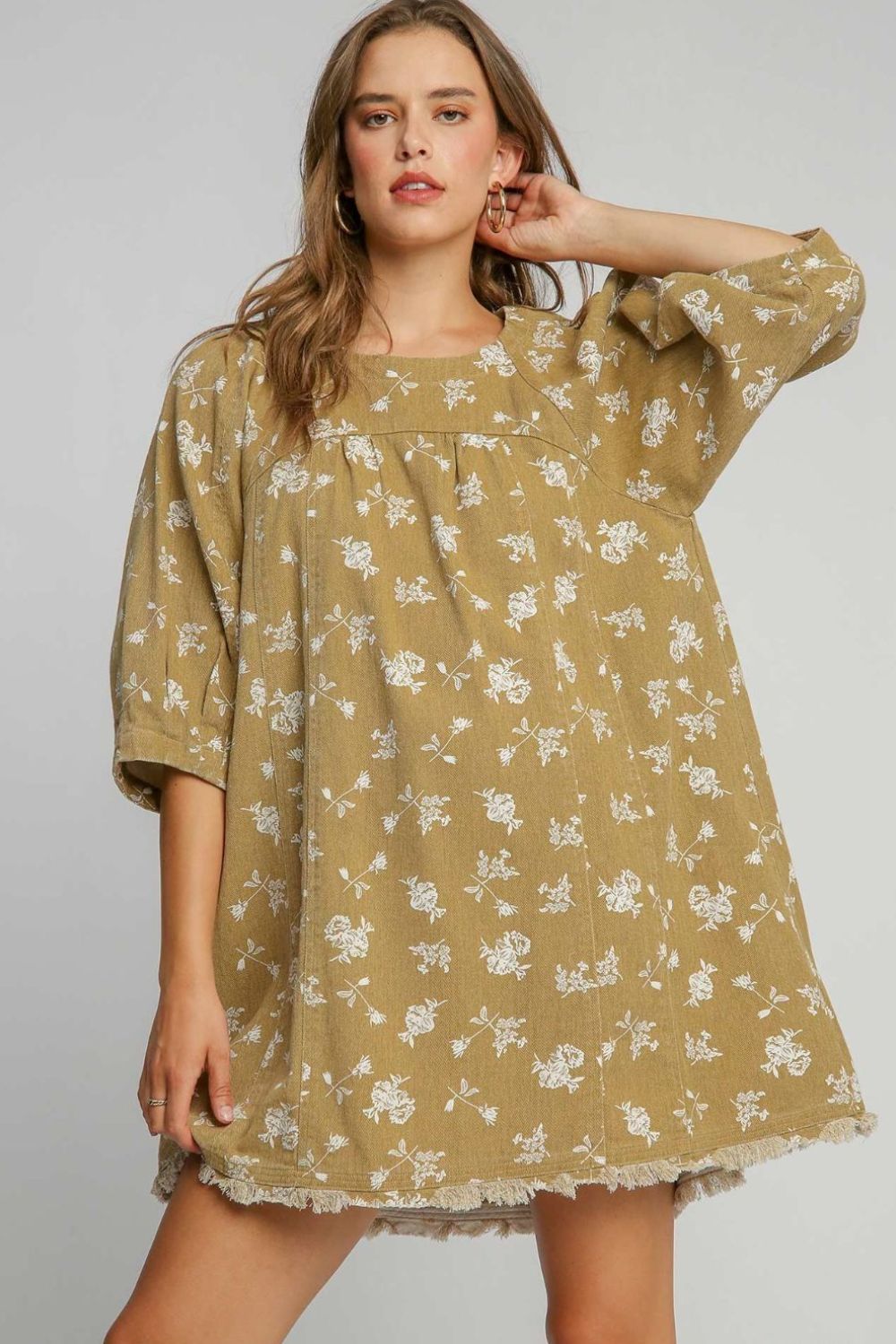 Raw Hem Floral Print Round Neck Denim Dress in Mocha - Tigbul's Variety Fashion Shop