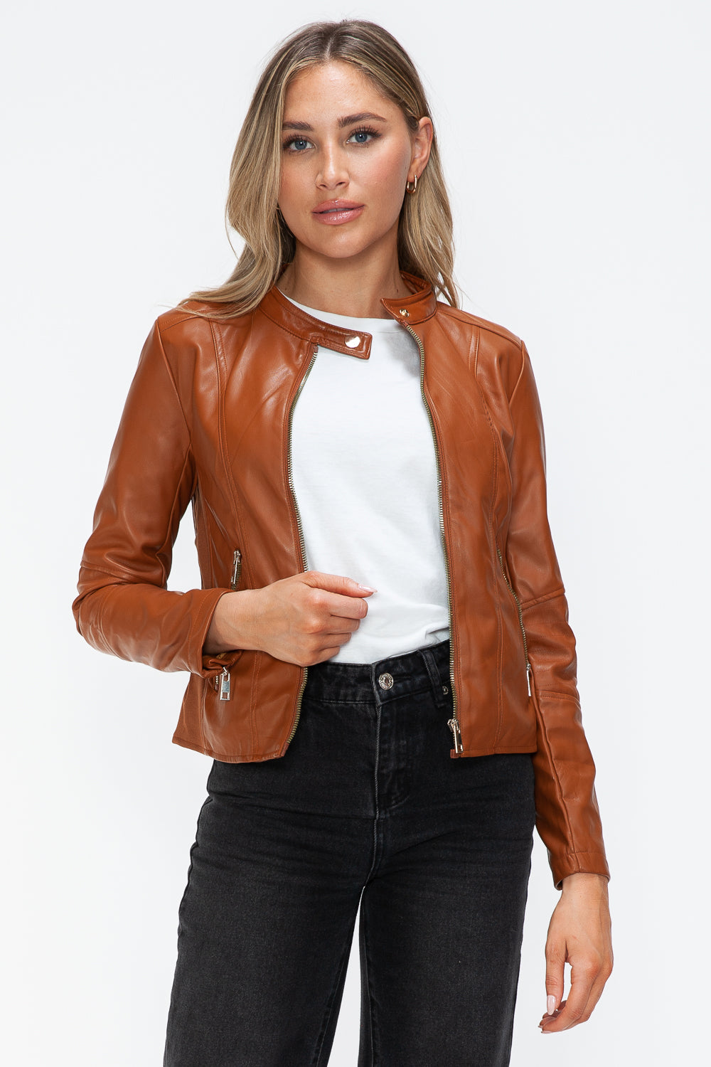 Faux Leather Zip Up Drawstring Hooded Jacket in Camel