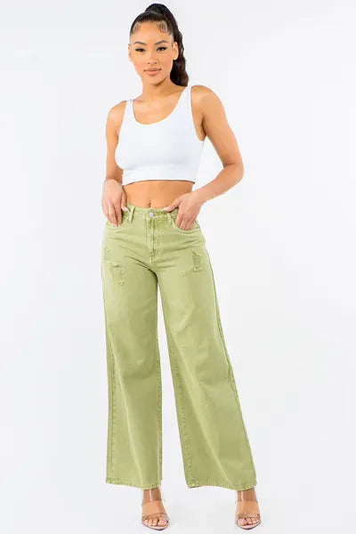 Yellow-Green High Waist Distressed Wide Leg Jeans | Tigbuls