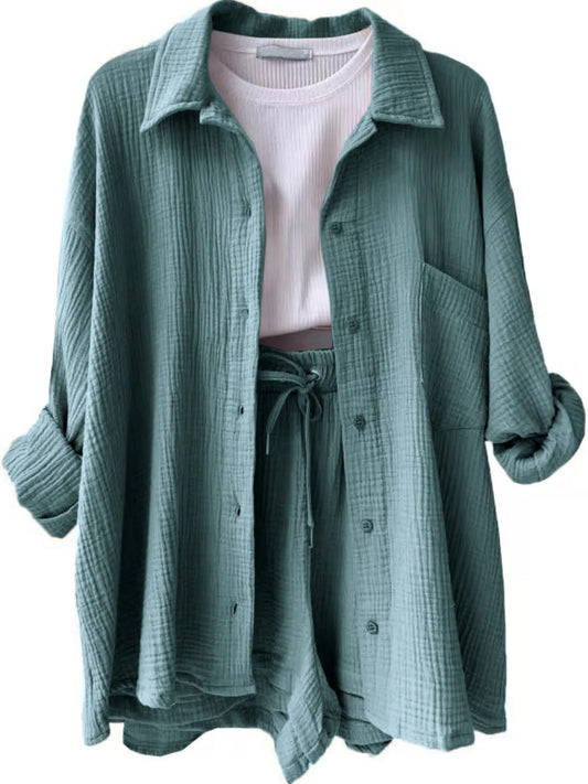 Textured Button Up Shirt and Shorts Set - Tigbul's Variety Fashion Shop
